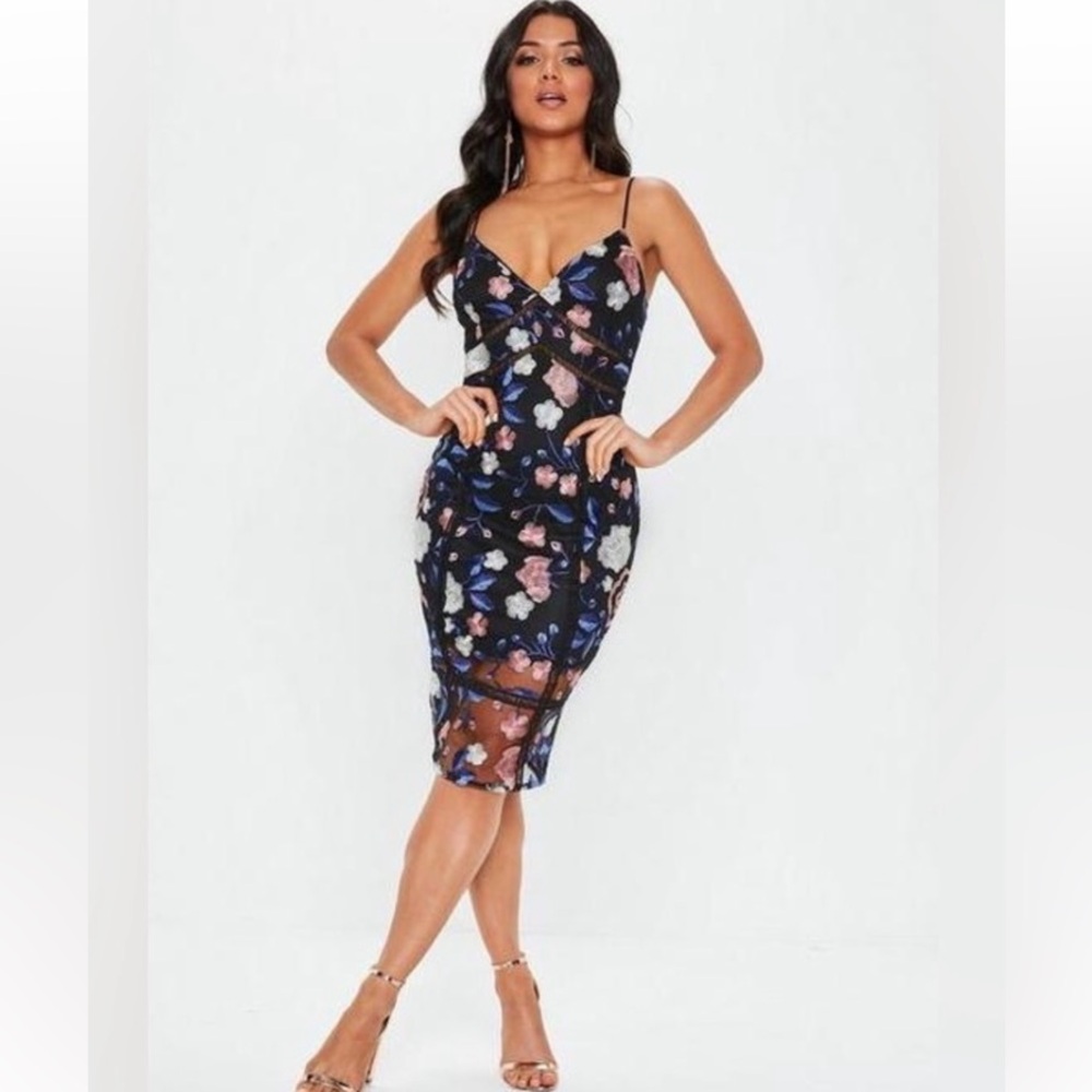 NWT- Missguided Floral bodycon Midi Dress black, blue & pink embroidered flowers